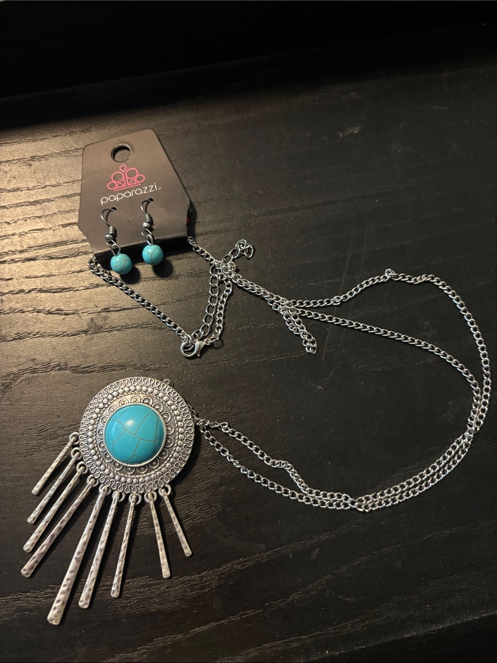 Paparazzi Silver-Tone Turquoise Fringe Pendant Necklace & Earrings
